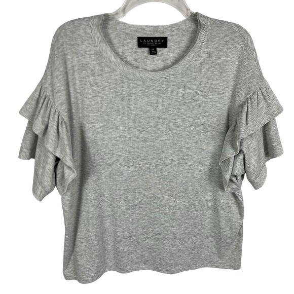 Laundry By Shelli Segal Gray Ruffle Short Sleeve Ribbed Tee Women’s Large - Picture 1 of 8